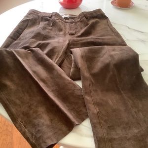 Suede leather pants ,Braun ,very long with unfinished Hem,  Size 12